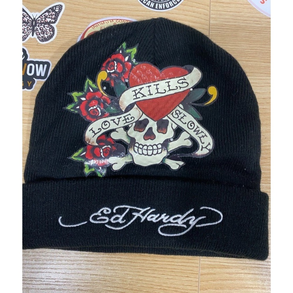 Ed Hardy Knit Beanie Hat Skull Love Kills Stretch Black Y2K One Size
